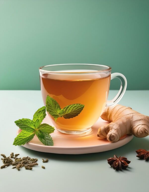 herbal tea in a cup with spices, ginger, mint and pastel background